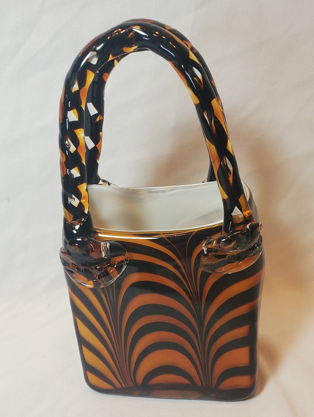 Block Crystal Vtg Tortoiseshell-Pattern Mouth Blown Hand Cut Polished Purse Vase